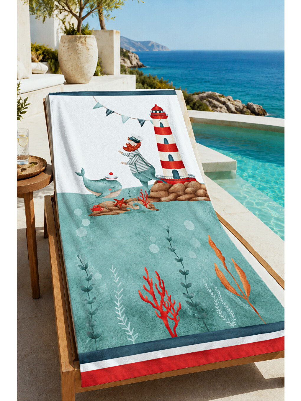 Denizci Kırmızı Beyaz Deniz Feneri Sahil Desenli 70x150 Plaj Havlusu - Pamuklu Banyo Havlusu
