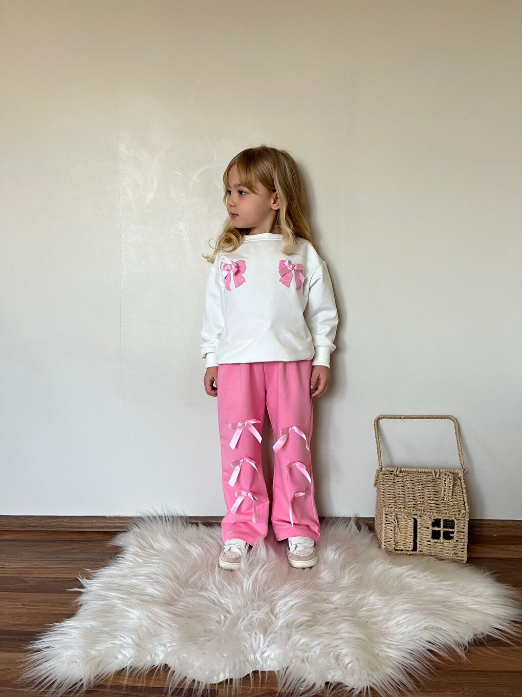 Pembe Kız Çocuk Kurdela Detay Eşofman Alt Üst Takım-3