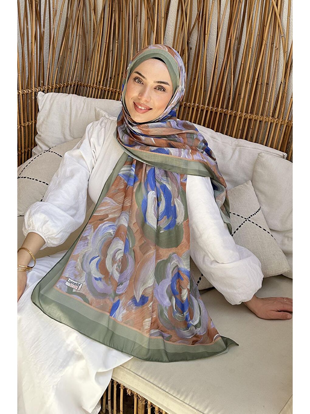 Çiçek Desen Pamuk Şal Haki