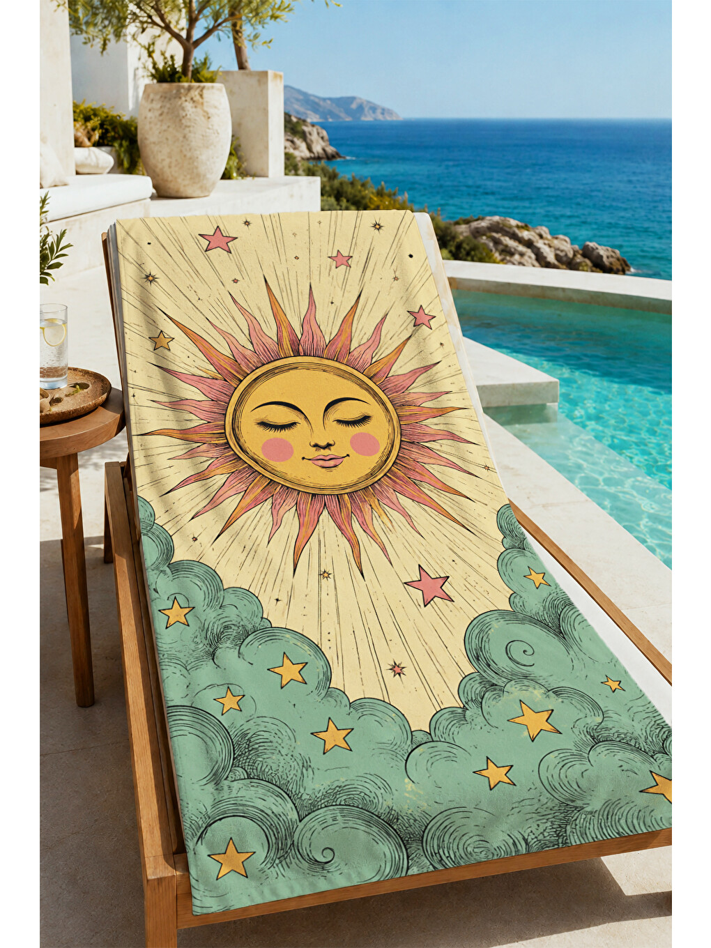 Lacivert Vintage Tarot Güneş Yüzlü Gökyüzü Desenli 70x150 Plaj Havlusu - Dijital Baskılı Banyo Havlusu