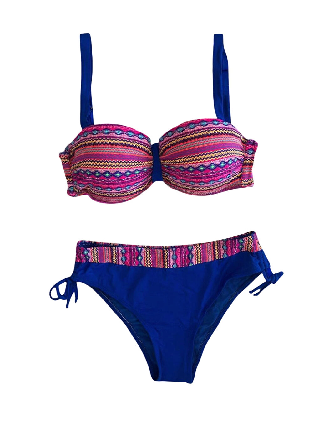 Kadın Pembe Saks Mavi Etnik Desenli Astarlı Bikini Takımı HZL25S-LC22626-1