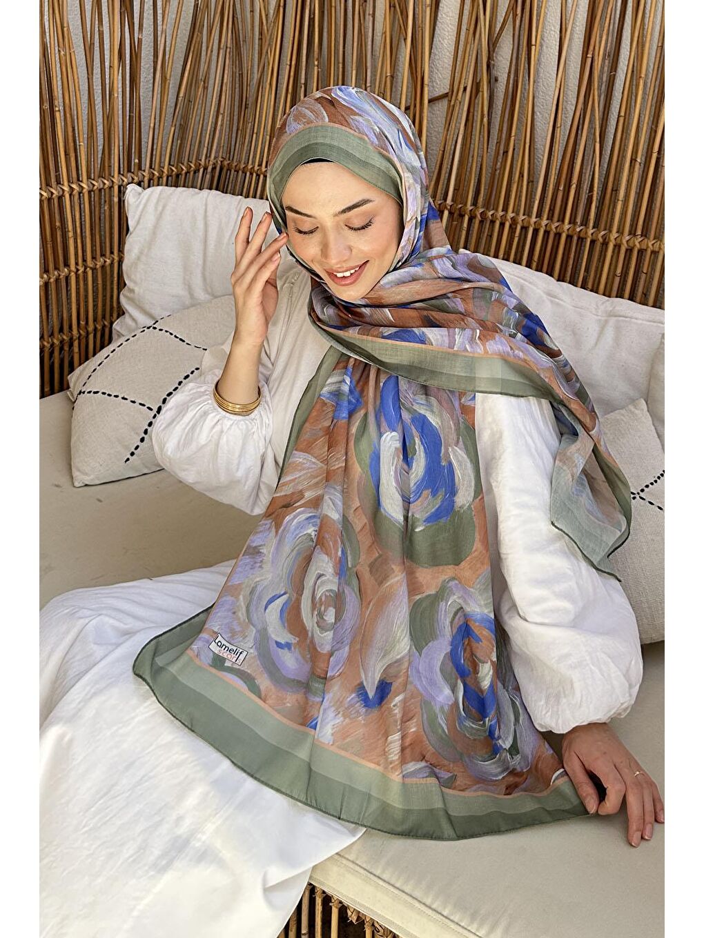 Çiçek Desen Pamuk Şal Haki-2