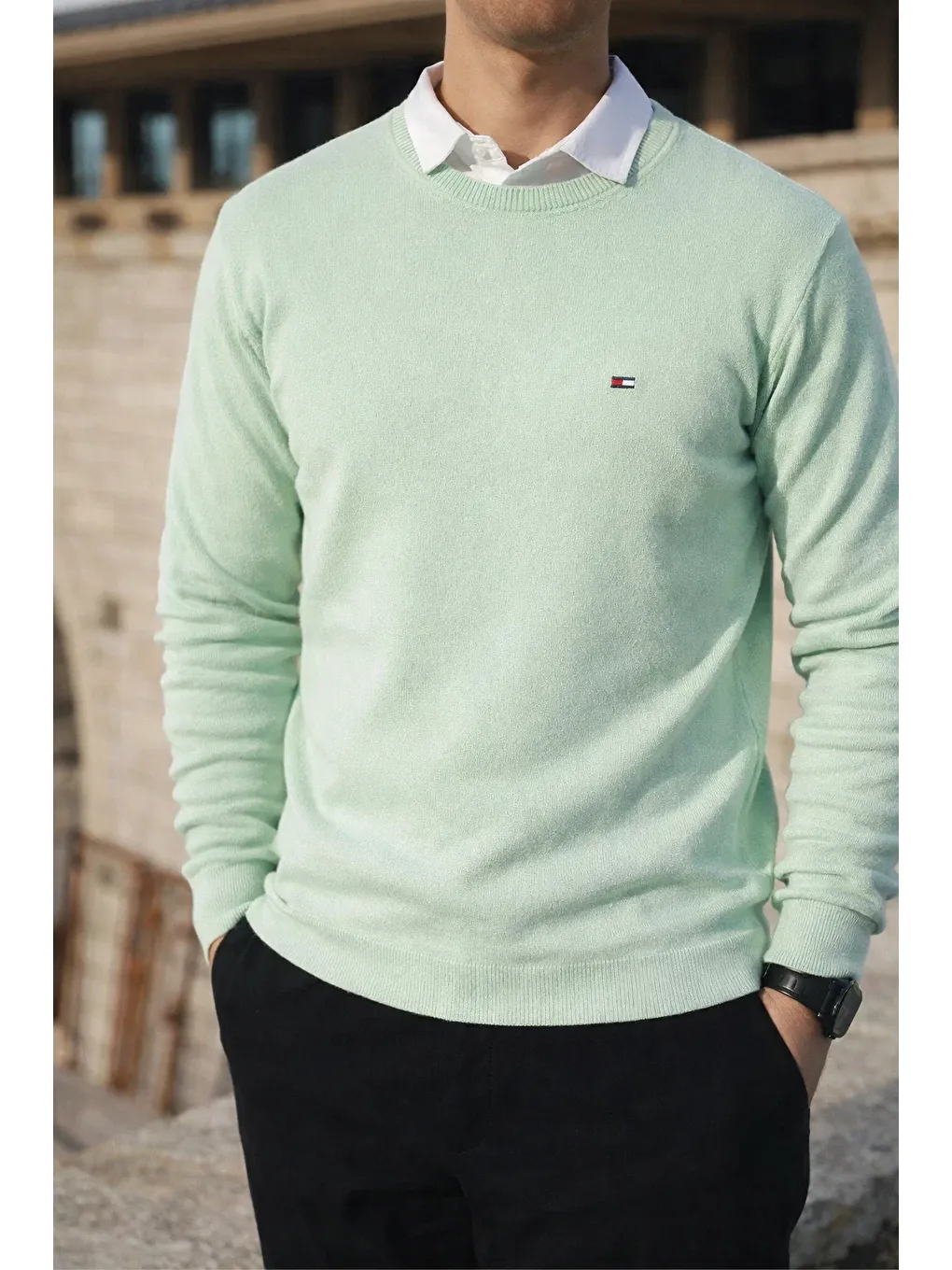 Yeşil Erkek Kışlık Bisiklet Yaka Dar Mint Basic Kazak