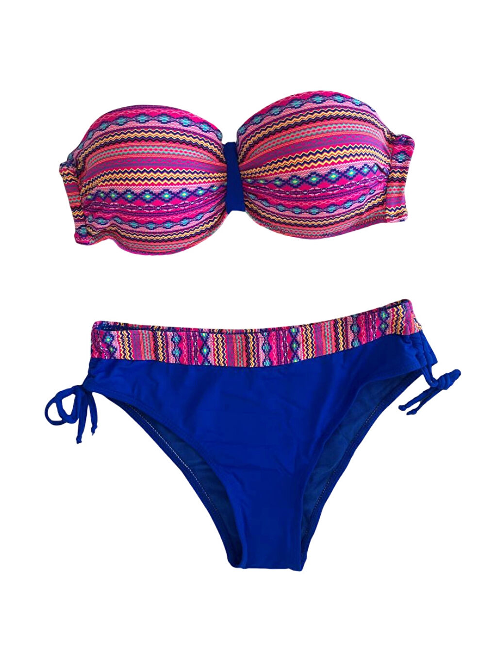 Kadın Pembe Saks Mavi Etnik Desenli Astarlı Bikini Takımı HZL25S-LC22626-2