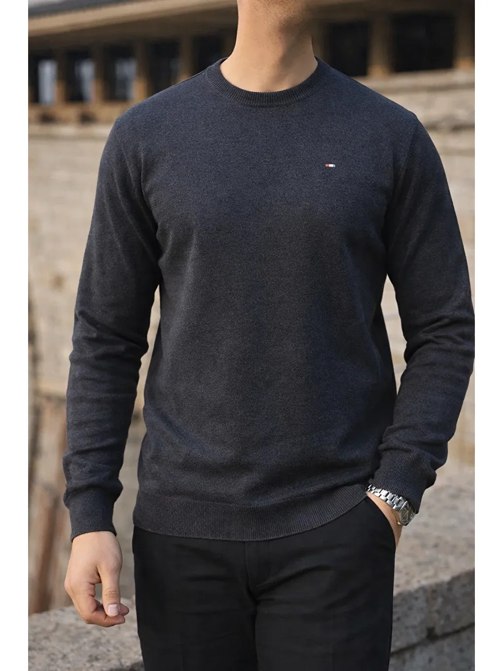 Gri Erkek Kışlık Bisiklet Yaka Dar Füme Basic Kazak