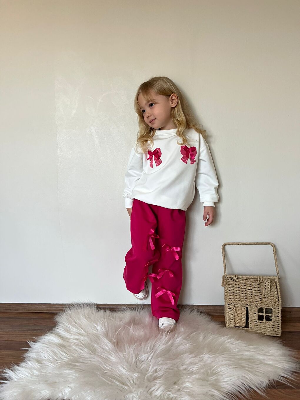 Fuşya Kız Çocuk Kurdela Detay Eşofman Alt Üst Takım-1