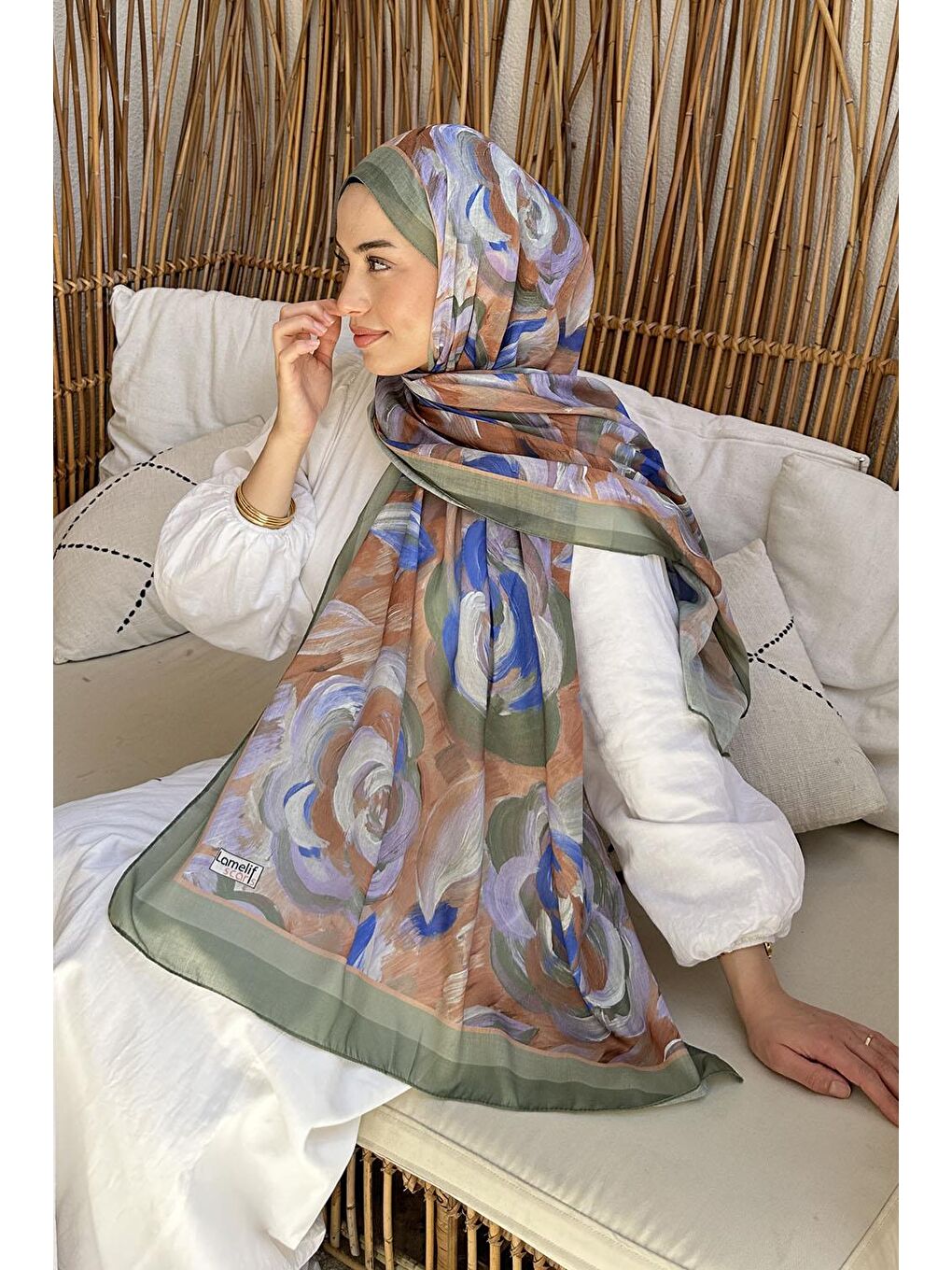 Çiçek Desen Pamuk Şal Haki-3