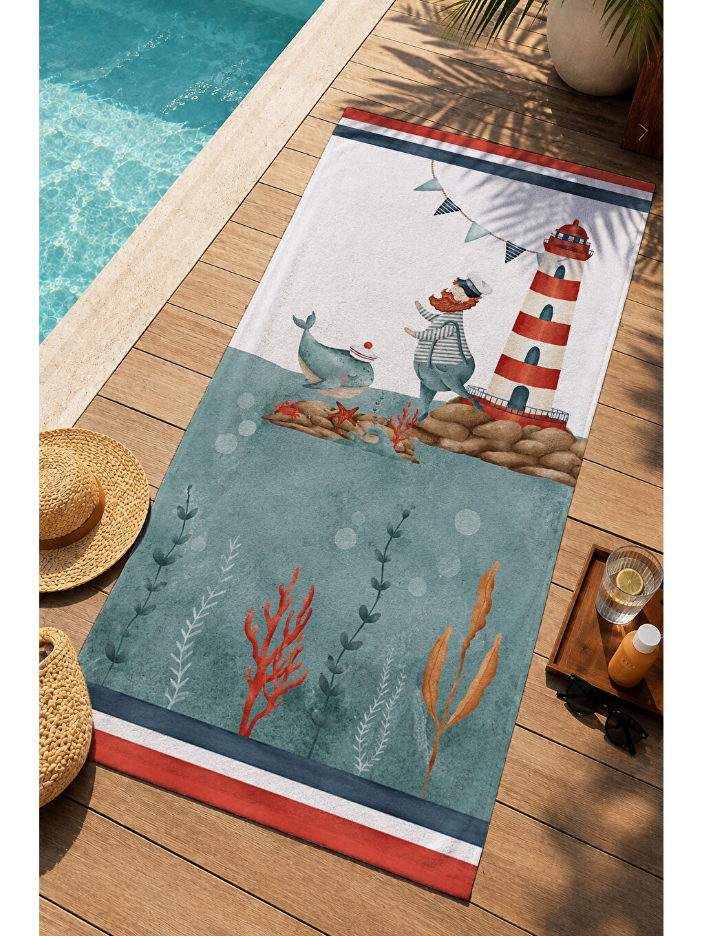 Denizci Kırmızı Beyaz Deniz Feneri Sahil Desenli 70x150 Plaj Havlusu - Pamuklu Banyo Havlusu-3