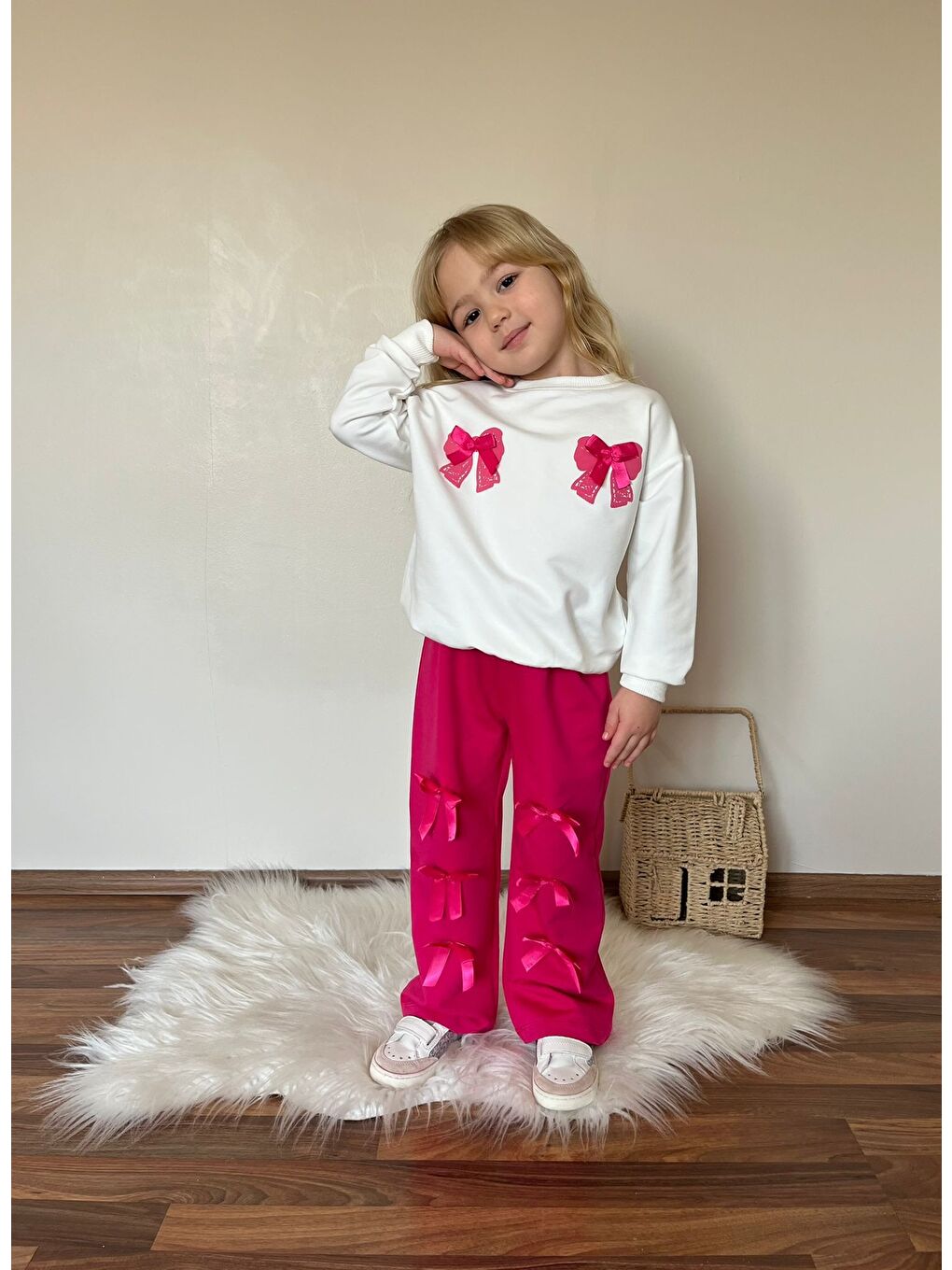 Fuşya Kız Çocuk Kurdela Detay Eşofman Alt Üst Takım-2