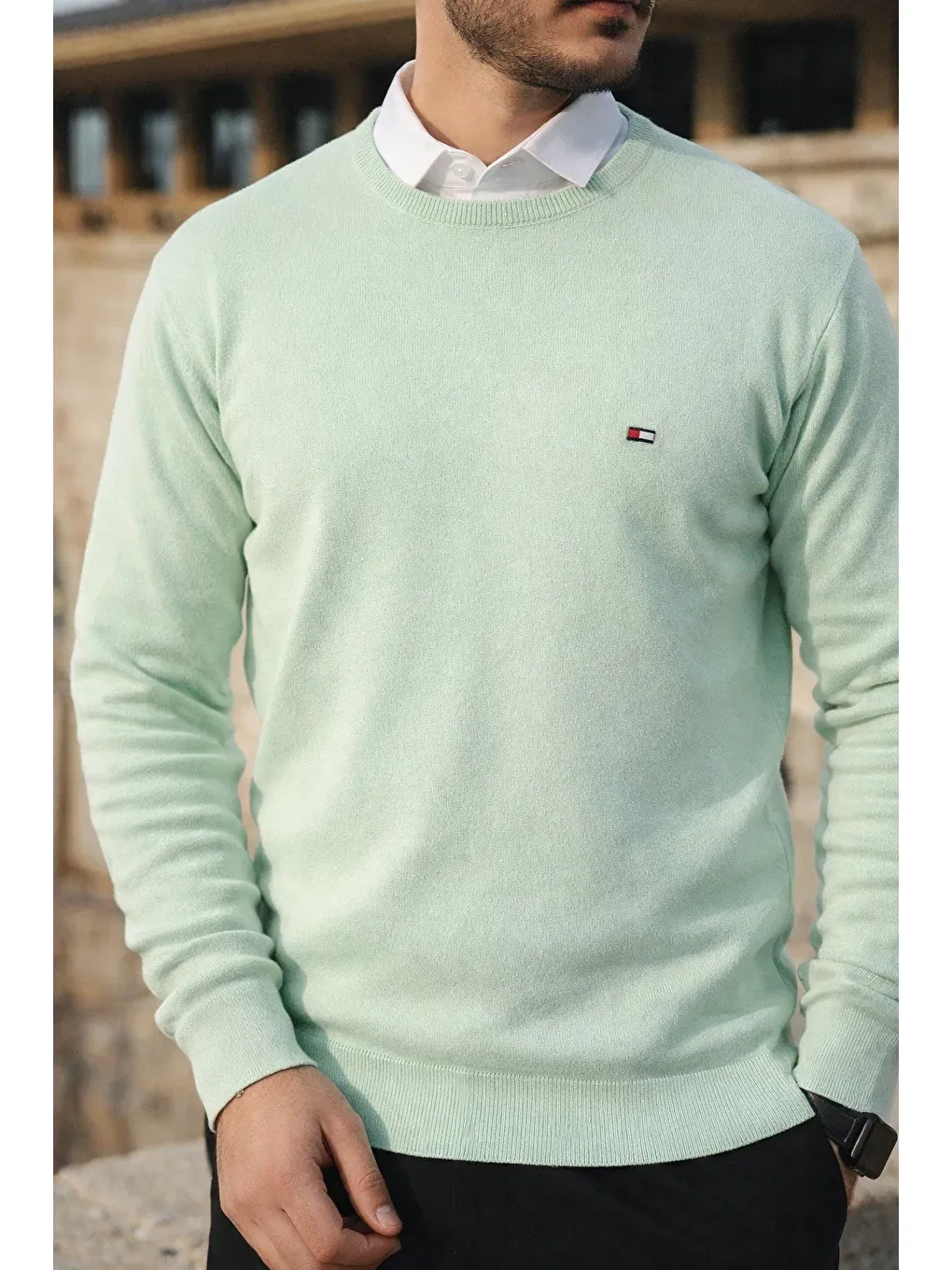 Yeşil Erkek Kışlık Bisiklet Yaka Dar Mint Basic Kazak-1