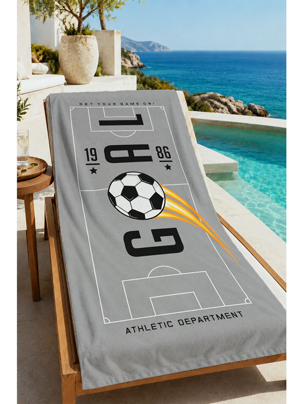 Sportif Goal Futbol Topu Gri Desenli 70x150 Plaj Havlusu - Dijital Baskılı Solmaz Banyo Havlusu