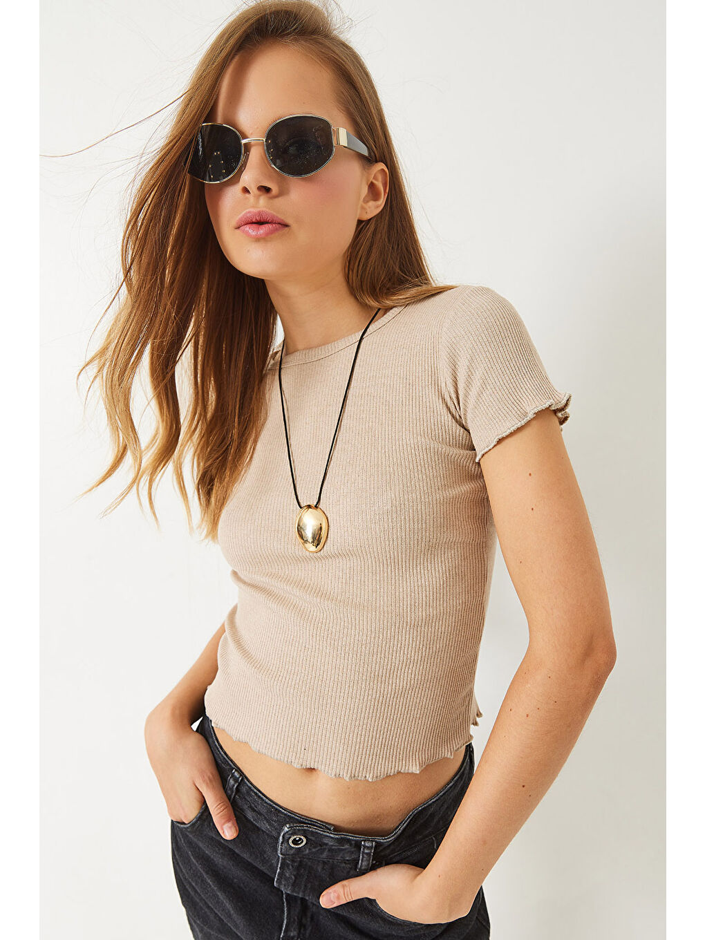 Bej Kadın Fitilli Kaşkorse Basic T-Shirt