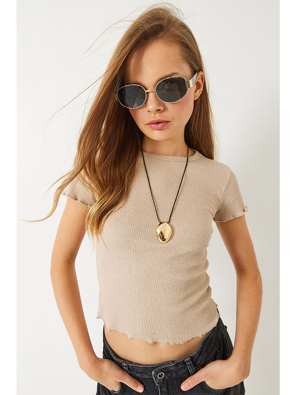 Bej Kadın Fitilli Kaşkorse Basic T-Shirt-1