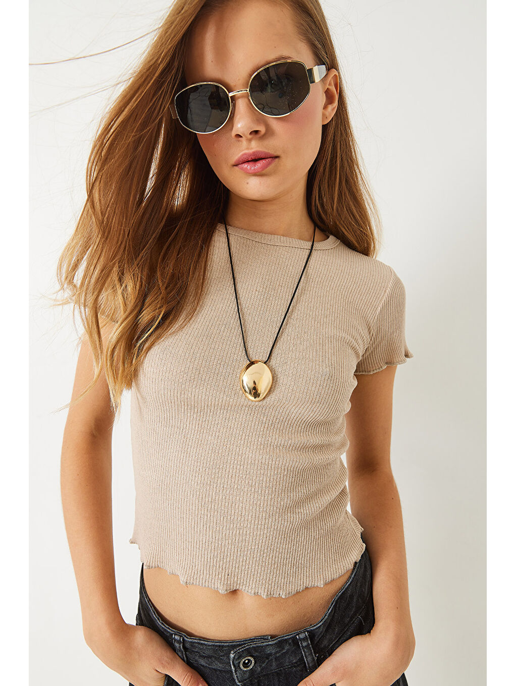 Bej Kadın Fitilli Kaşkorse Basic T-Shirt-2