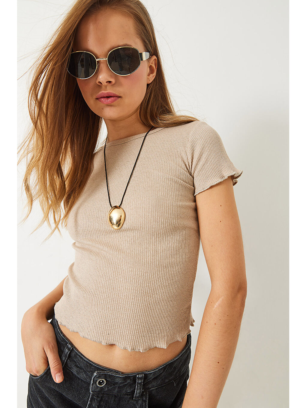 Bej Kadın Fitilli Kaşkorse Basic T-Shirt-3