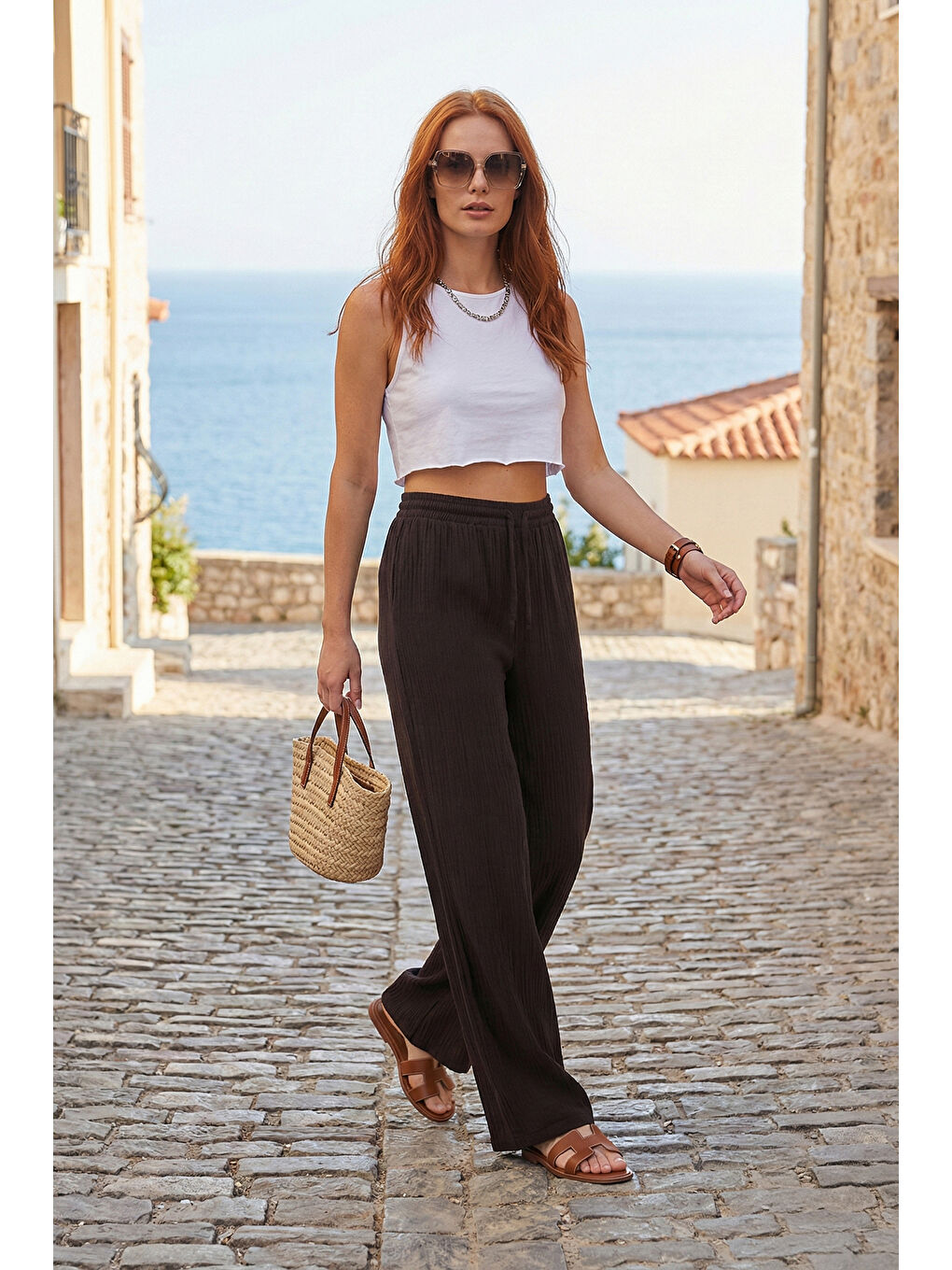 Kahverengi Pamuklu Comfort Fit Yüksek Bel Geniş Paça Kadın Pantolon 668YP5540-1