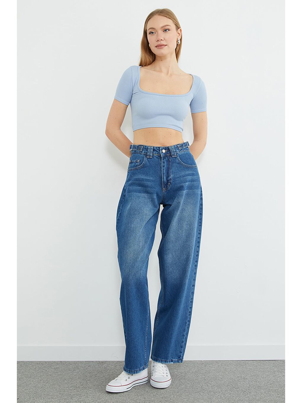 Mavi Beli Tokalı Yüksek Bel Baggy Jean