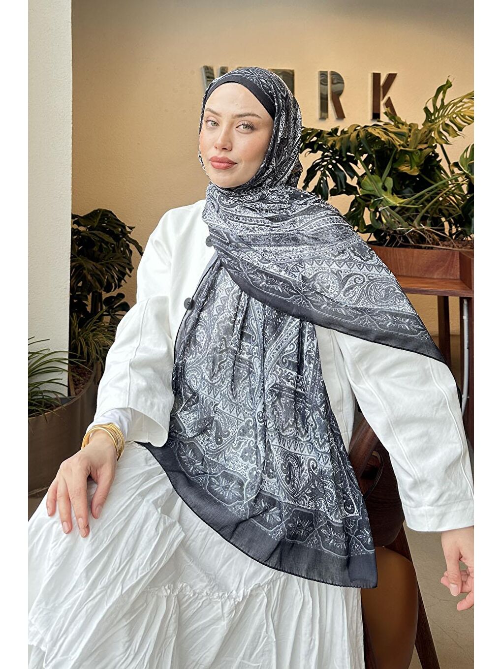 Retro Desen Pamuk Şal Antrasit-1