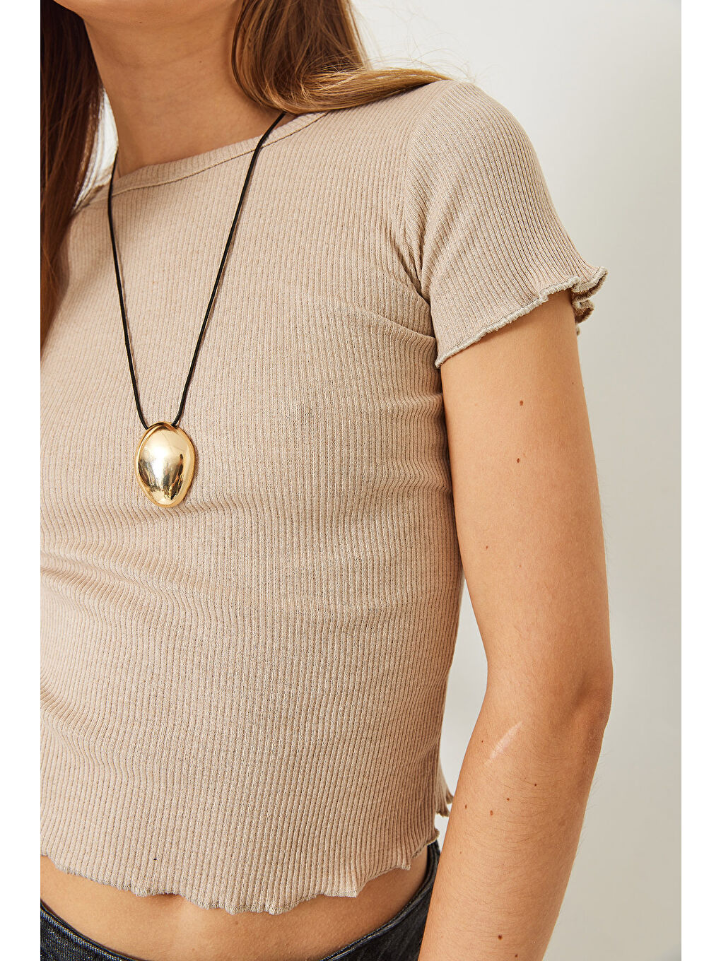 Bej Kadın Fitilli Kaşkorse Basic T-Shirt-4