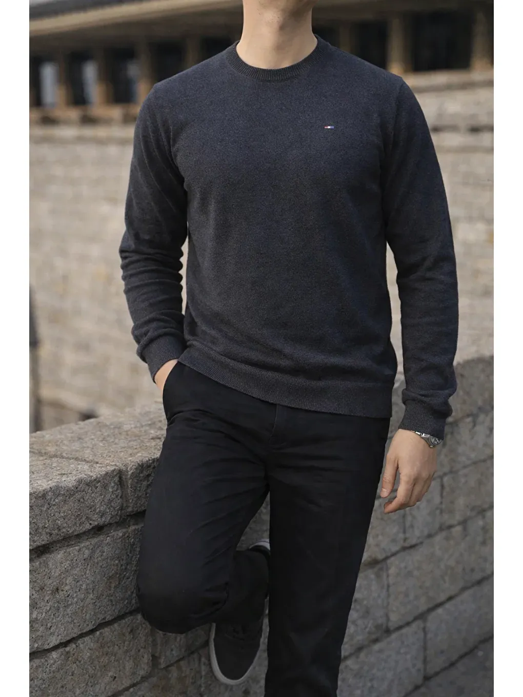 Gri Erkek Kışlık Bisiklet Yaka Dar Füme Basic Kazak-2