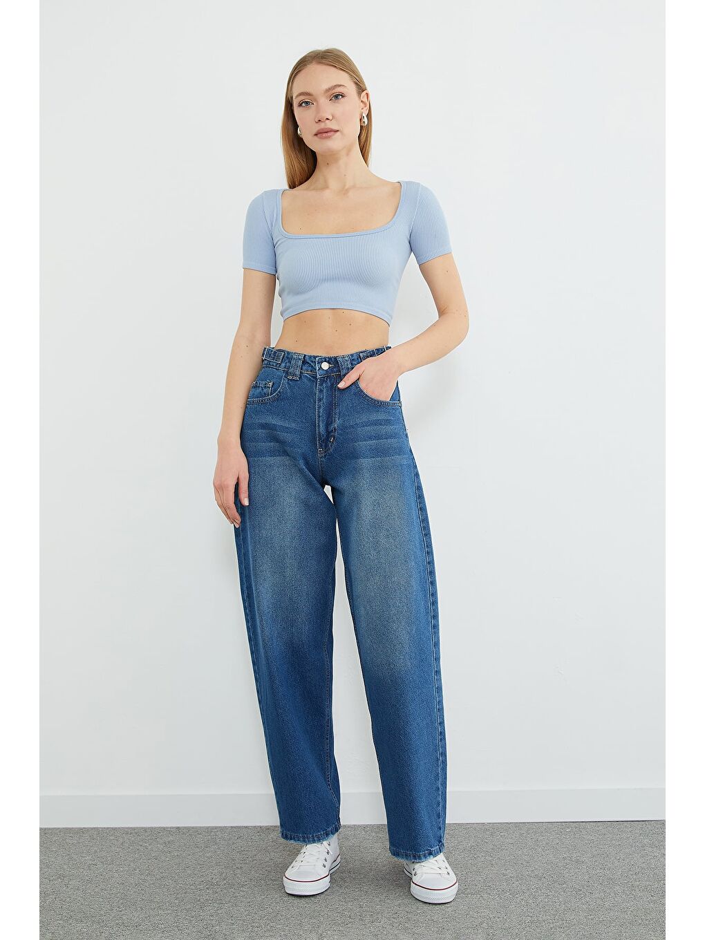 Mavi Beli Tokalı Yüksek Bel Baggy Jean-1