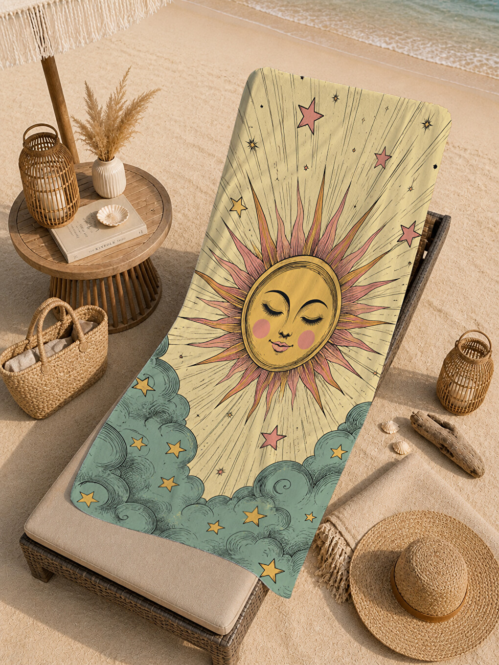Lacivert Vintage Tarot Güneş Yüzlü Gökyüzü Desenli 70x150 Plaj Havlusu - Dijital Baskılı Banyo Havlusu-1