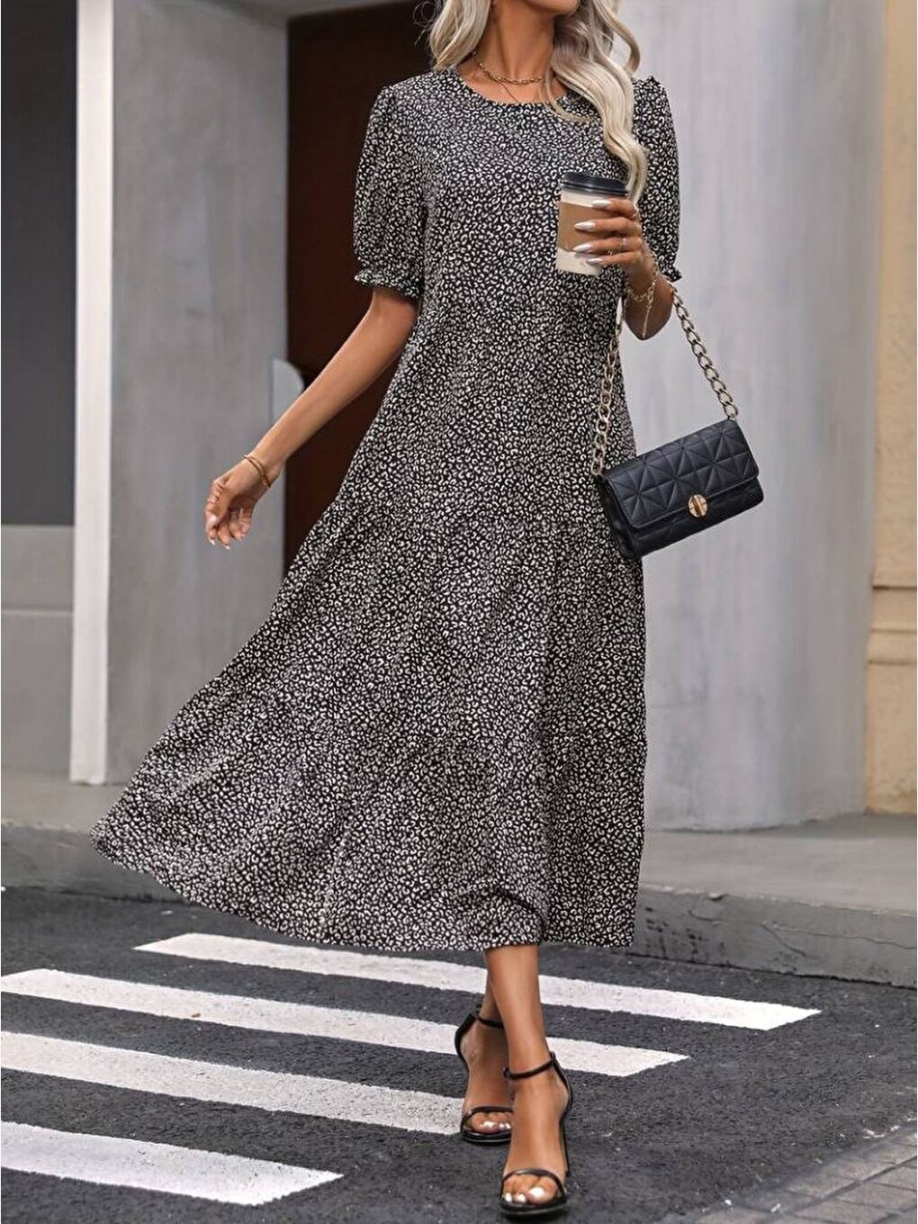 Bej Kadın Mini Leopar Desen Midi üç Kat Elbise-3