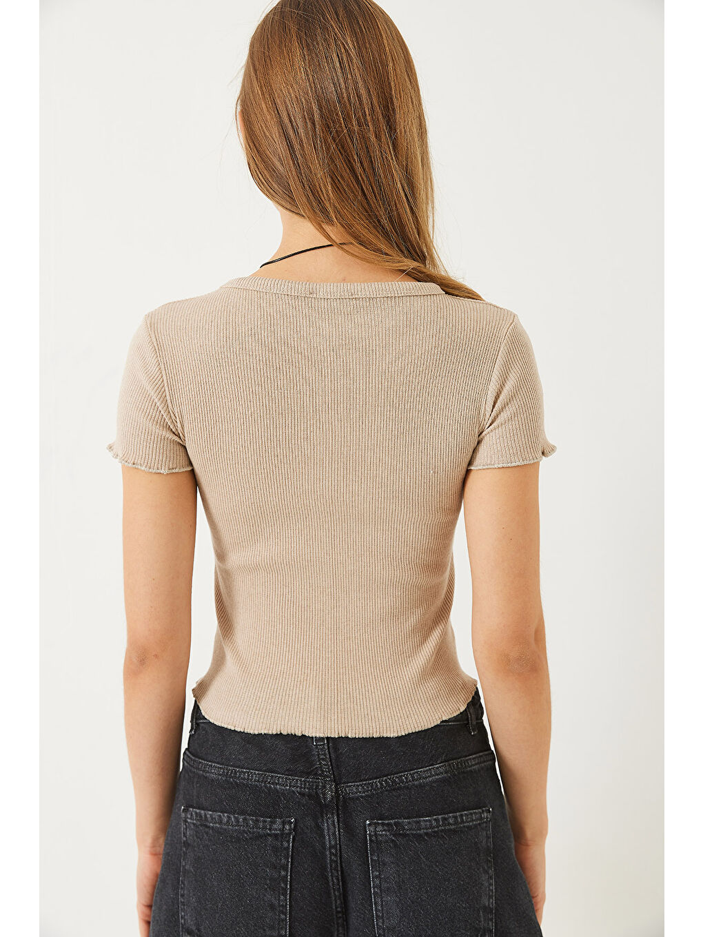 Bej Kadın Fitilli Kaşkorse Basic T-Shirt-5