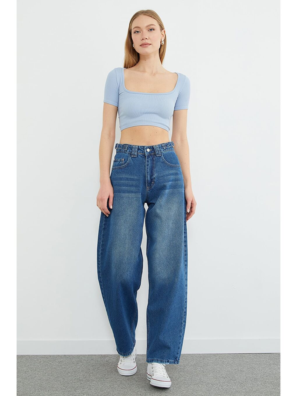 Mavi Beli Tokalı Yüksek Bel Baggy Jean-2