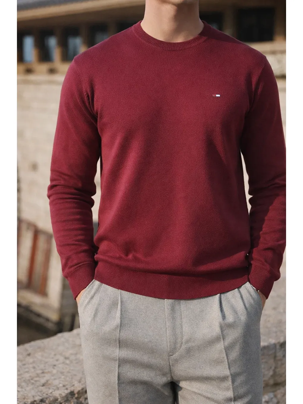 Erkek Kışlık Bisiklet Yaka Dar Bordo Basic Kazak-1