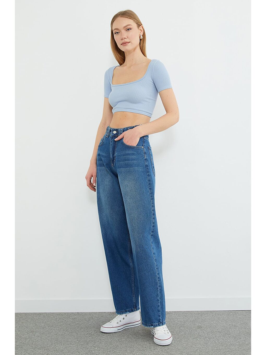 Mavi Beli Tokalı Yüksek Bel Baggy Jean-3