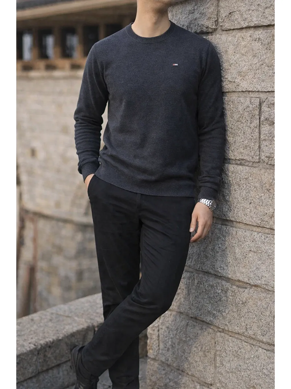 Gri Erkek Kışlık Bisiklet Yaka Dar Füme Basic Kazak-3