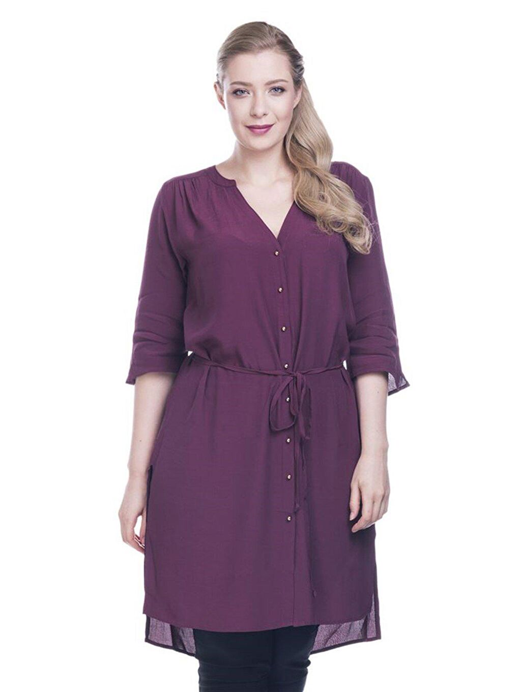 Mylinemoda Bordo Düğmeli Beli Kuşaklı Tunik