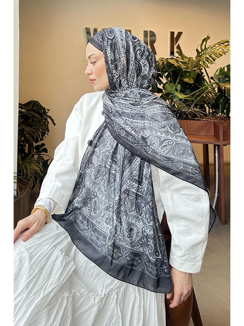 Retro Desen Pamuk Şal Antrasit-3