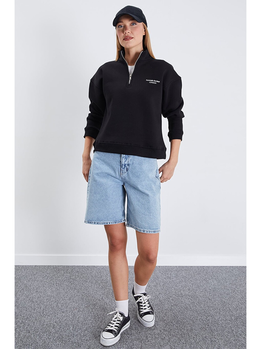 Siyah 3 İplik London Baskılı Yarım Fermuarlı Sweatshirt-3