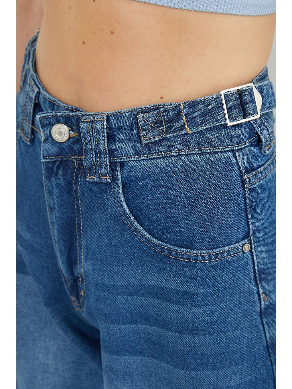 Mavi Beli Tokalı Yüksek Bel Baggy Jean-4