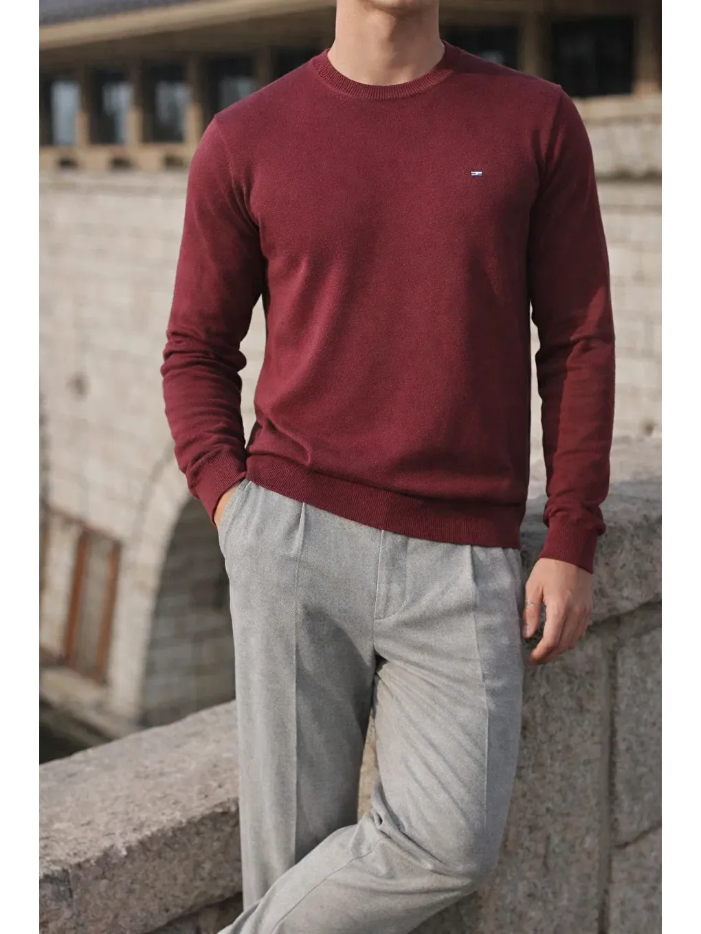 Erkek Kışlık Bisiklet Yaka Dar Bordo Basic Kazak-2