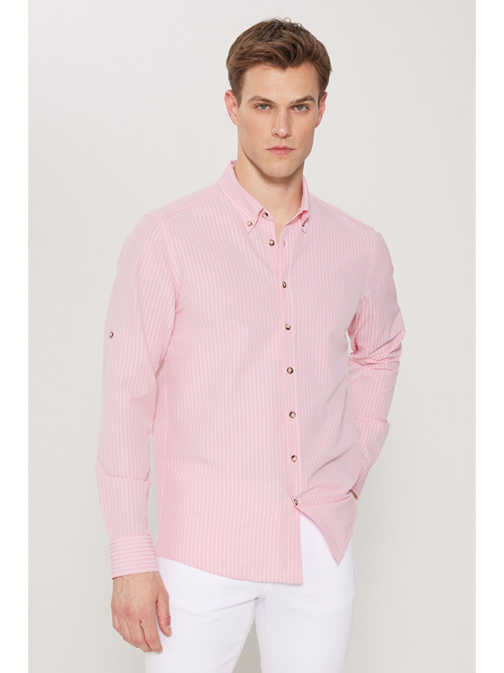 Erkek Pembe Slim Fit Dar Kesim Gofre Desenli Düğmeli Yaka Hafif Kumaş Gömlek-2