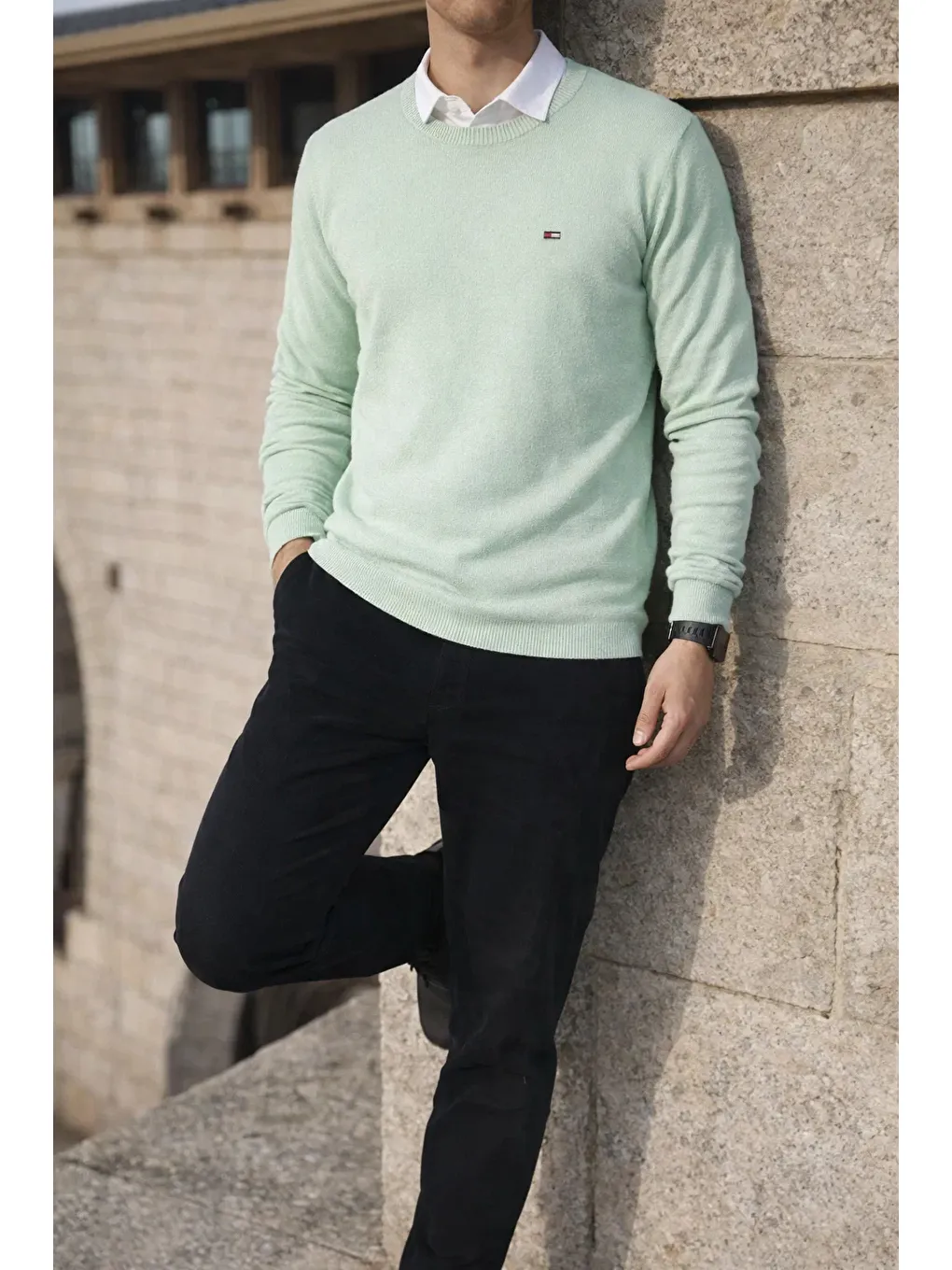 Yeşil Erkek Kışlık Bisiklet Yaka Dar Mint Basic Kazak-3