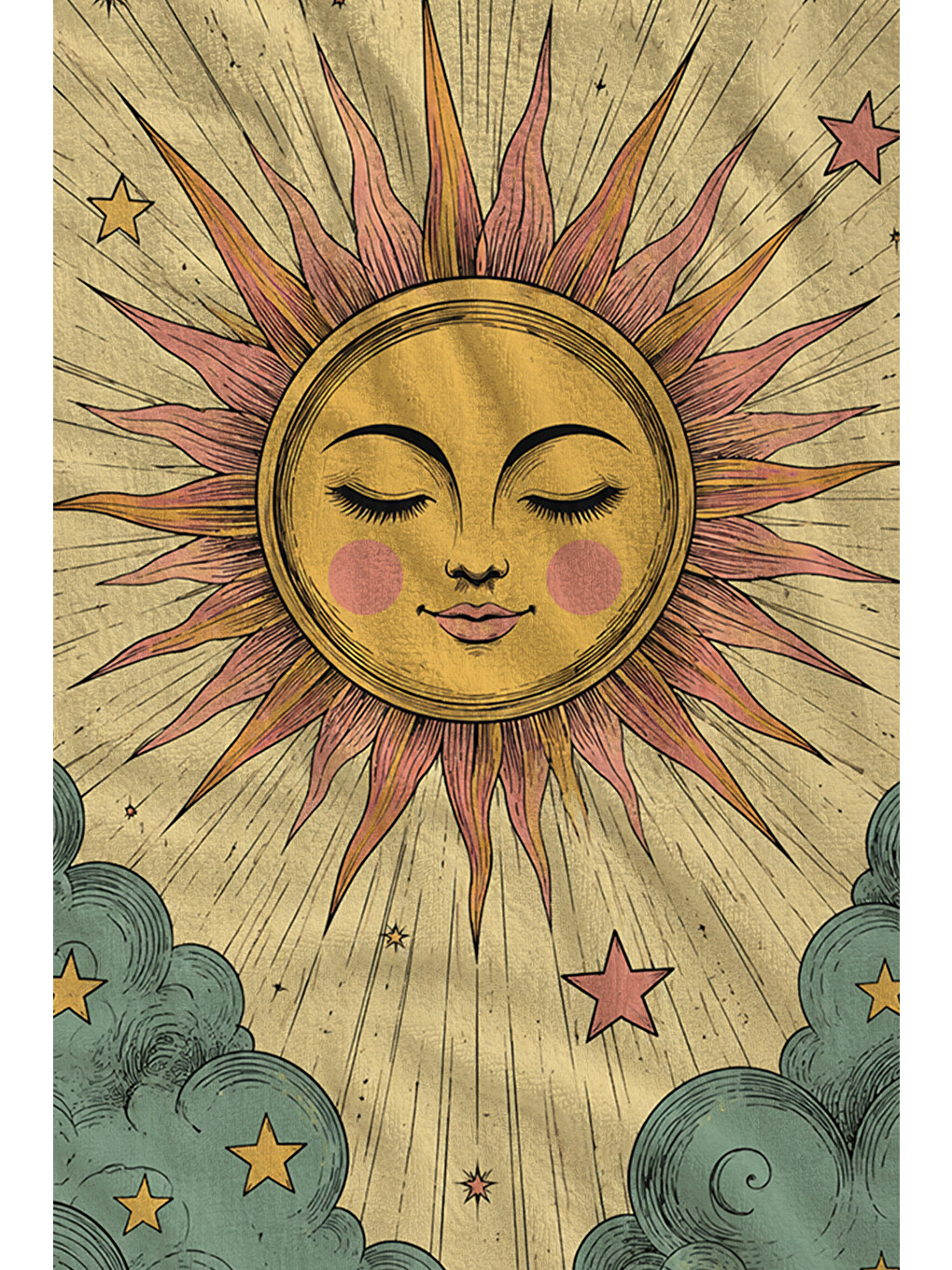 Lacivert Vintage Tarot Güneş Yüzlü Gökyüzü Desenli 70x150 Plaj Havlusu - Dijital Baskılı Banyo Havlusu-2