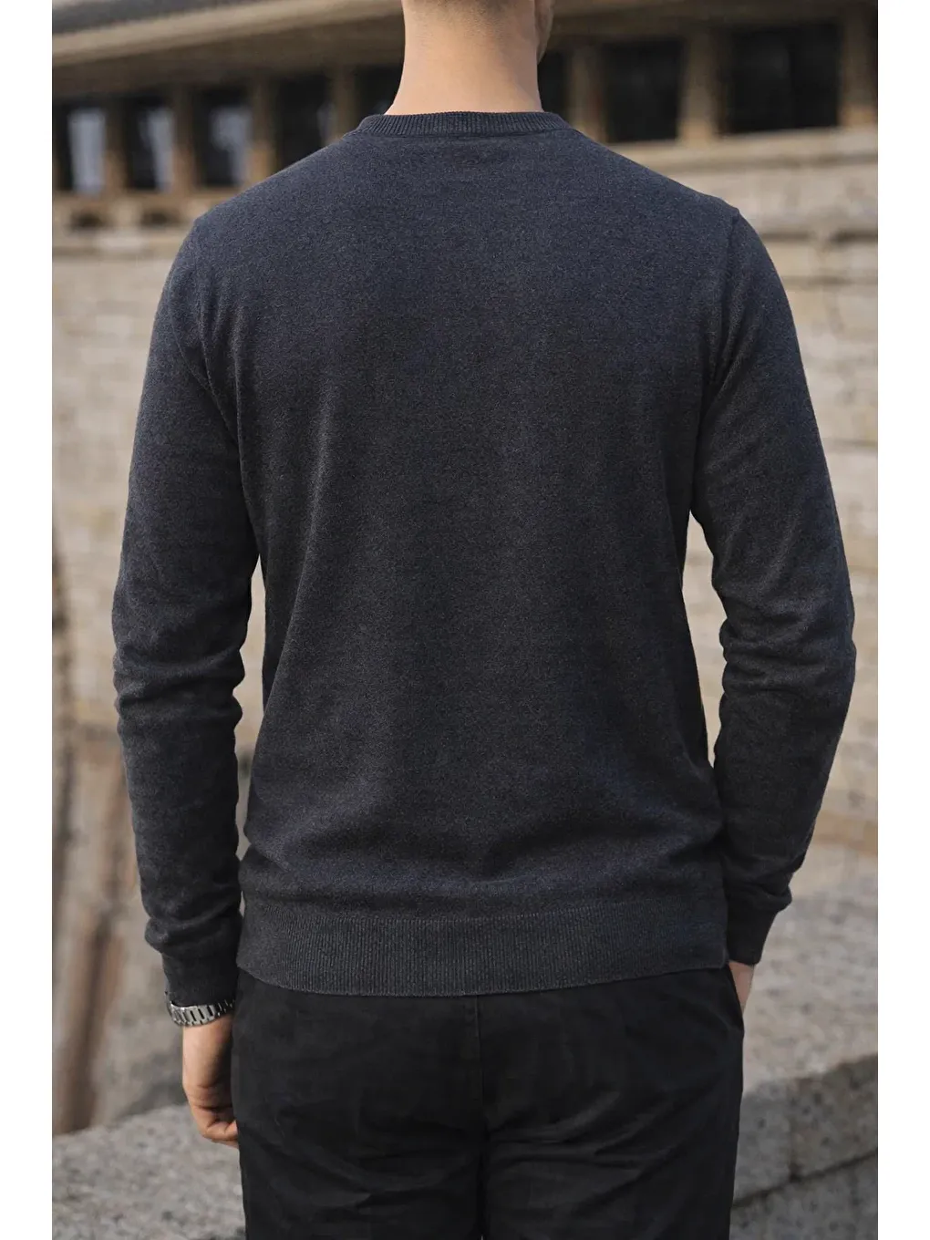 Gri Erkek Kışlık Bisiklet Yaka Dar Füme Basic Kazak-4