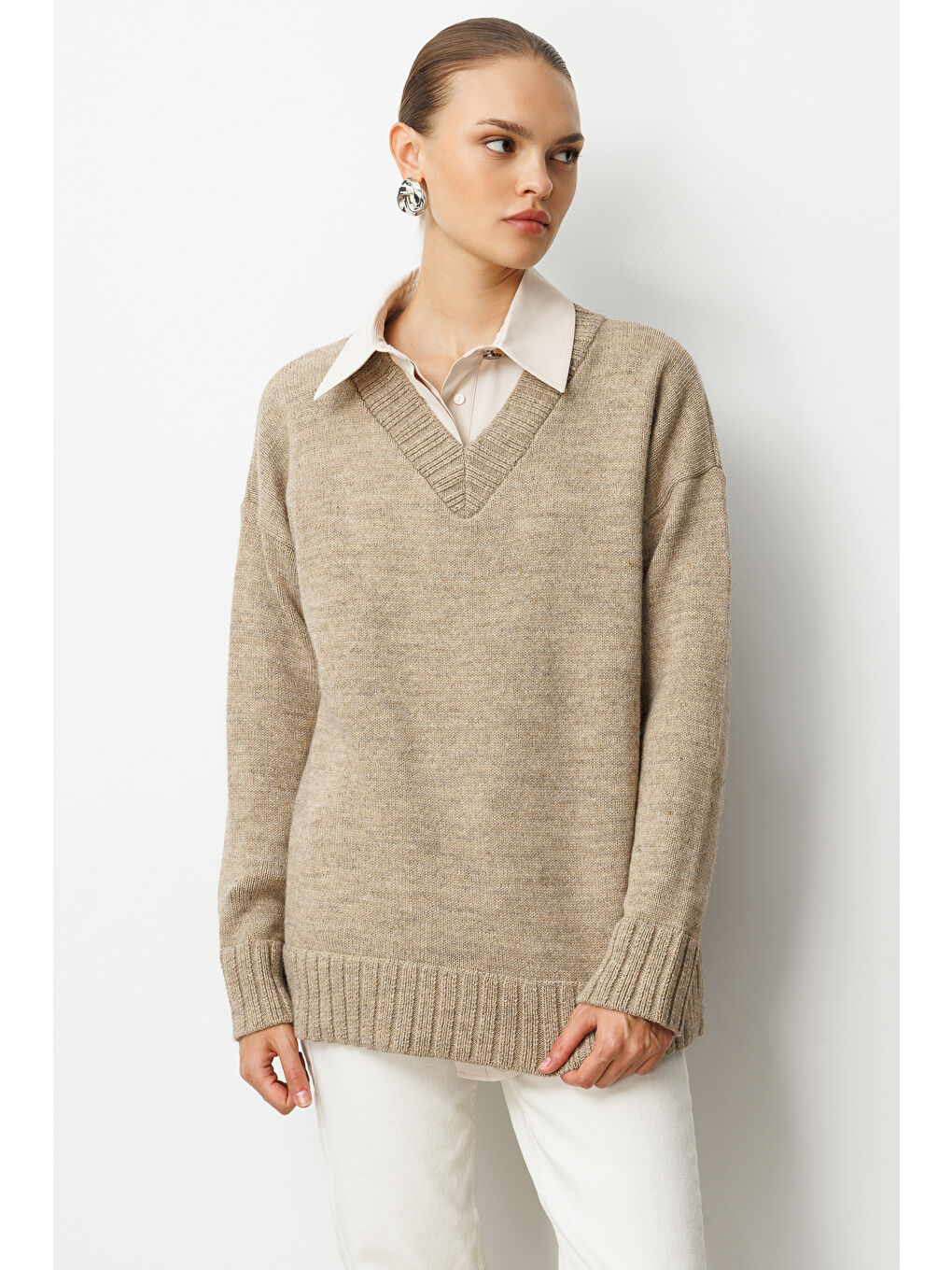 V Yaka Oversize Bej Rengi Triko Kazak-1