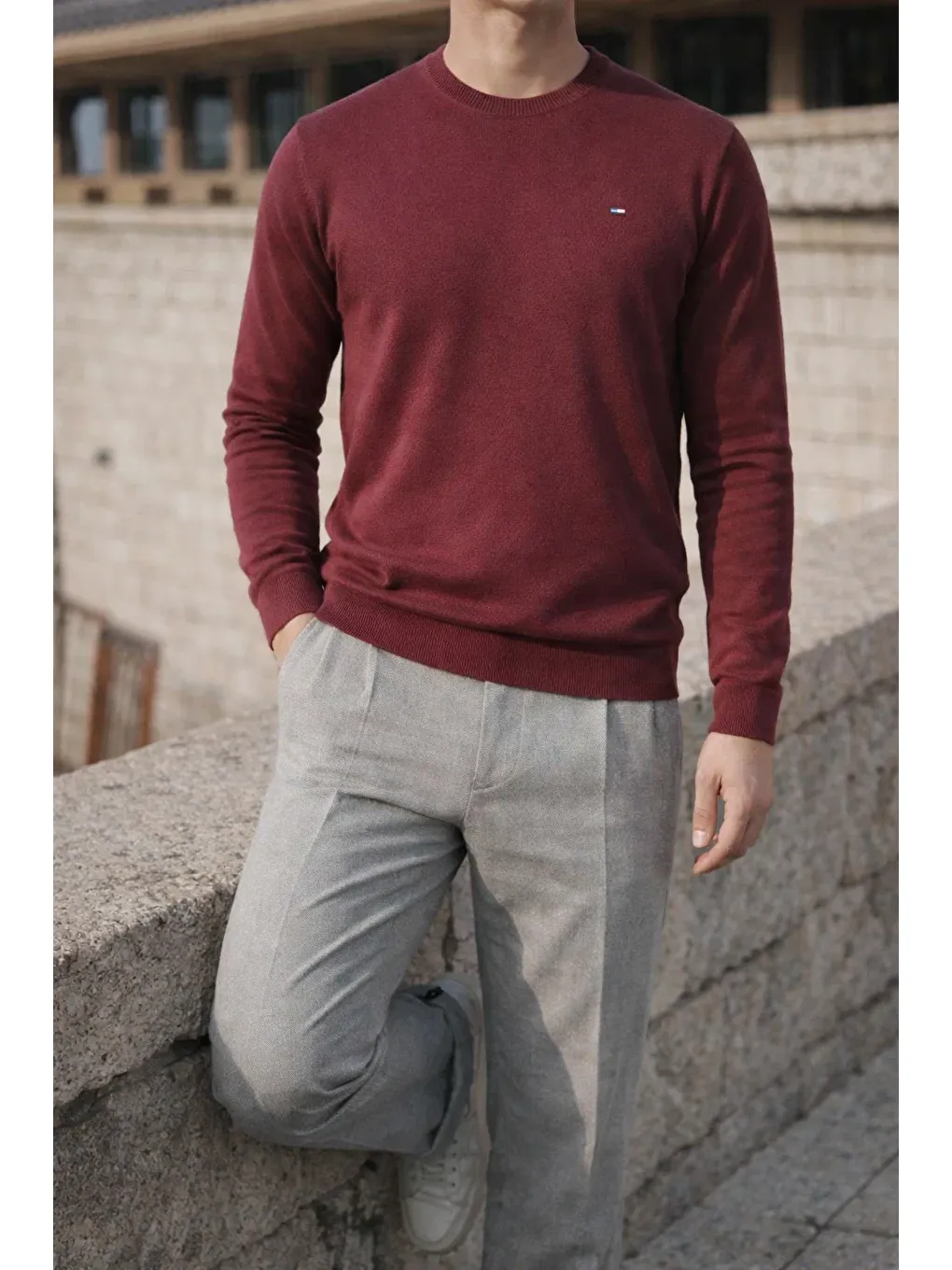 Erkek Kışlık Bisiklet Yaka Dar Bordo Basic Kazak-3