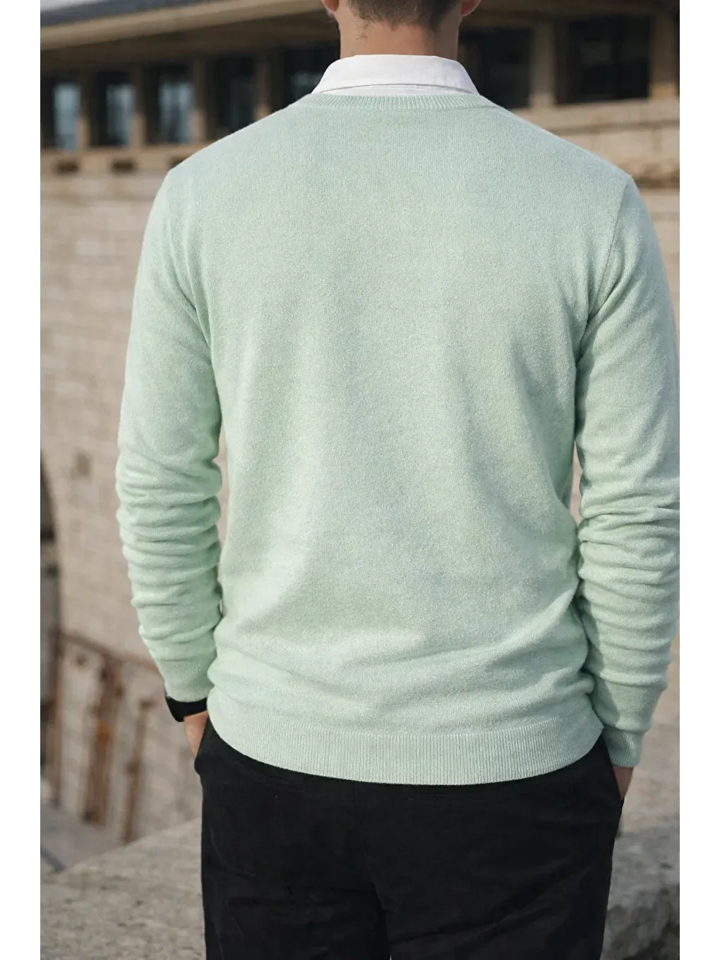 Yeşil Erkek Kışlık Bisiklet Yaka Dar Mint Basic Kazak-4