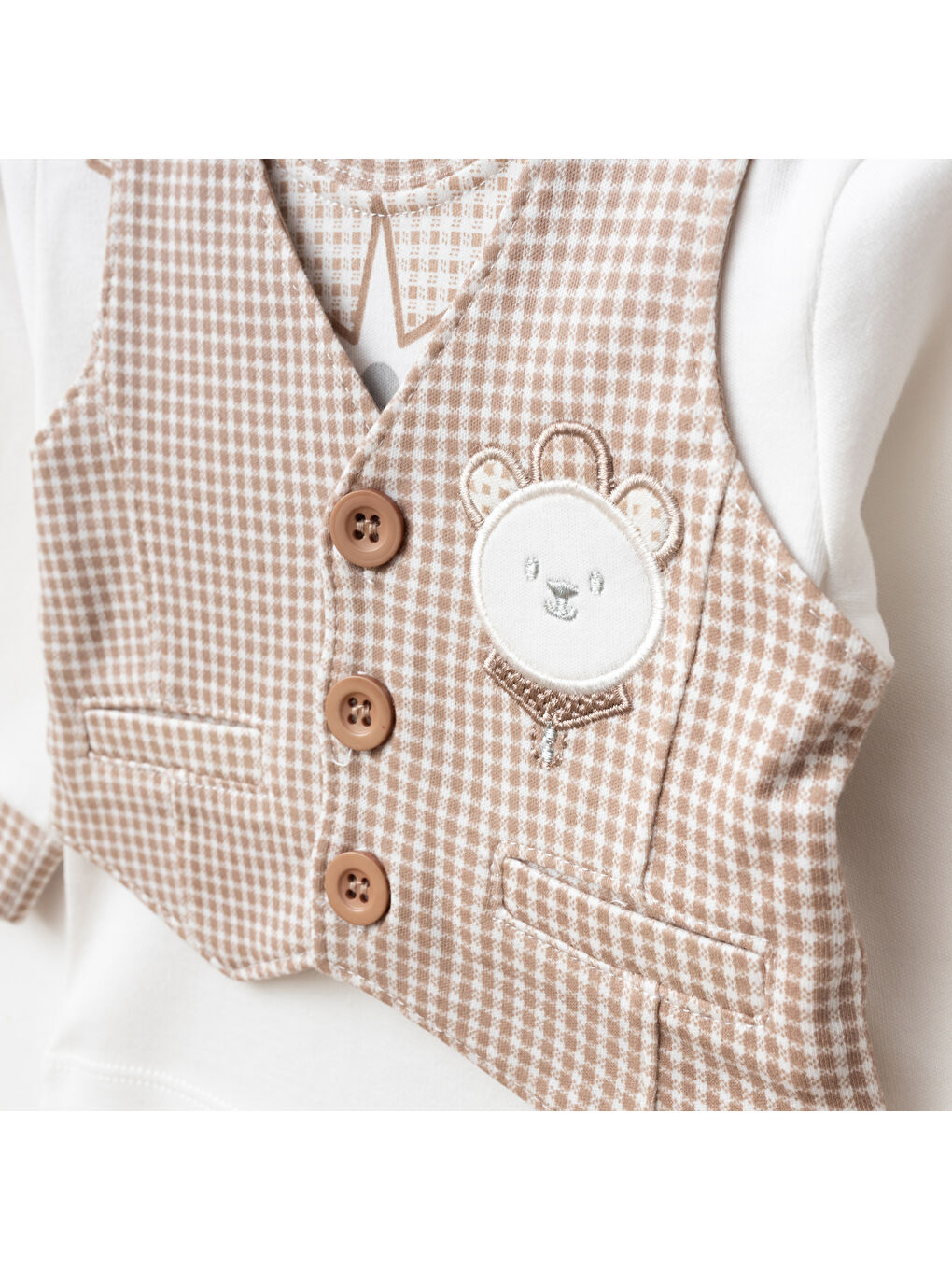 Bej Erkek Bebek Ayı Nakışlı Sweatshirt Yelek Pantolon 3 'lü Alt Üst Bebek Takımı 0 Ay - 6 Ay-2