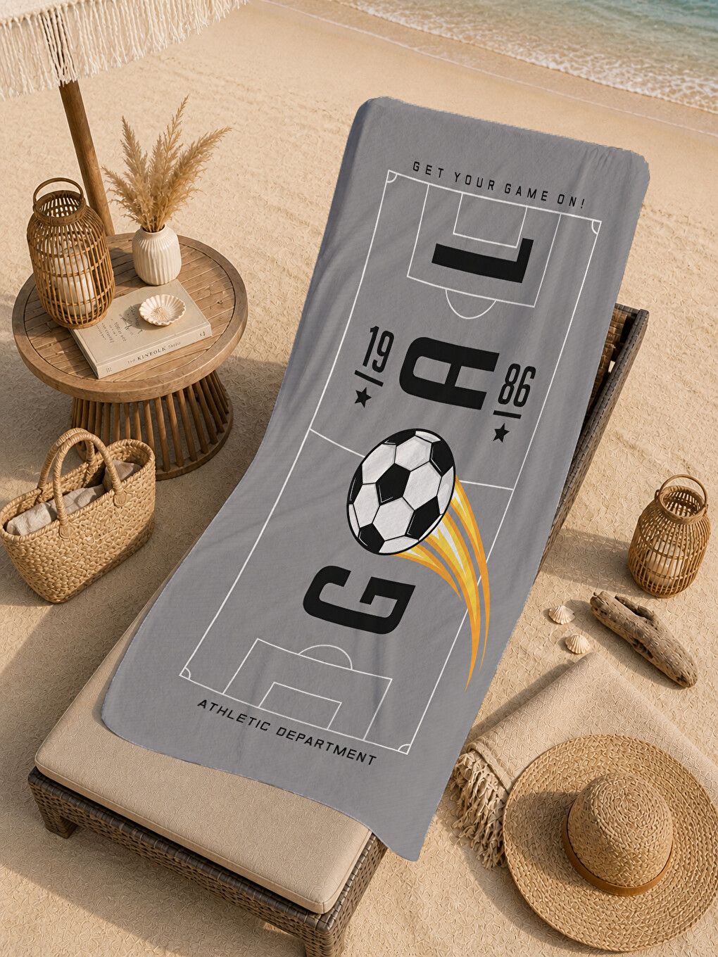 Sportif Goal Futbol Topu Gri Desenli 70x150 Plaj Havlusu - Dijital Baskılı Solmaz Banyo Havlusu-1