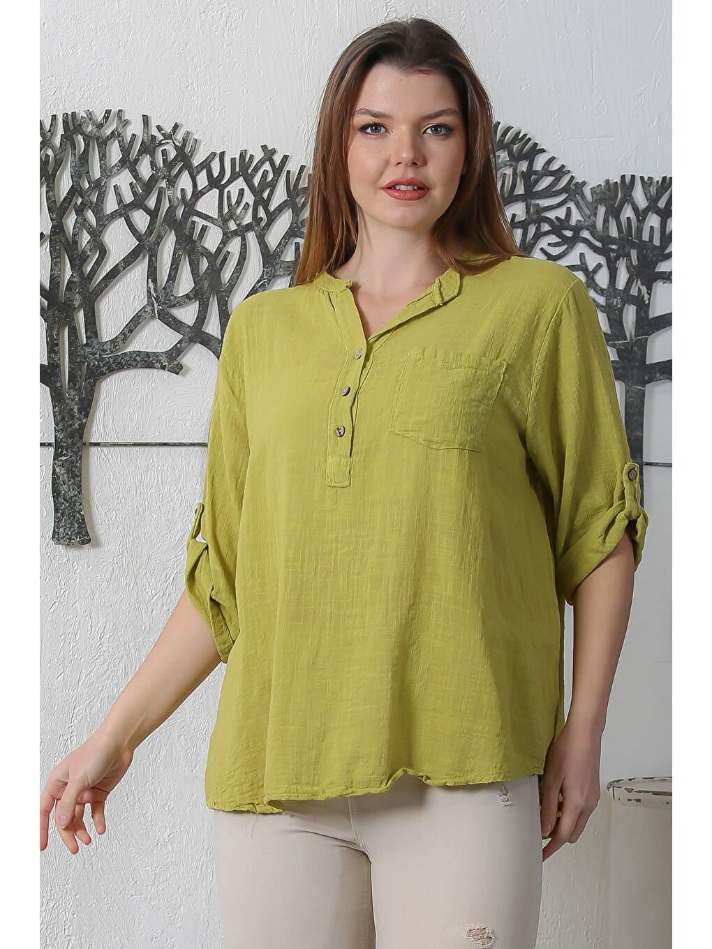 Sarı İtalyan Hardal Rengi Hakim Yaka Düğmeli 3/4 Kol Cepli Casual Arkası Uzun Dokuma Bluz 70 63