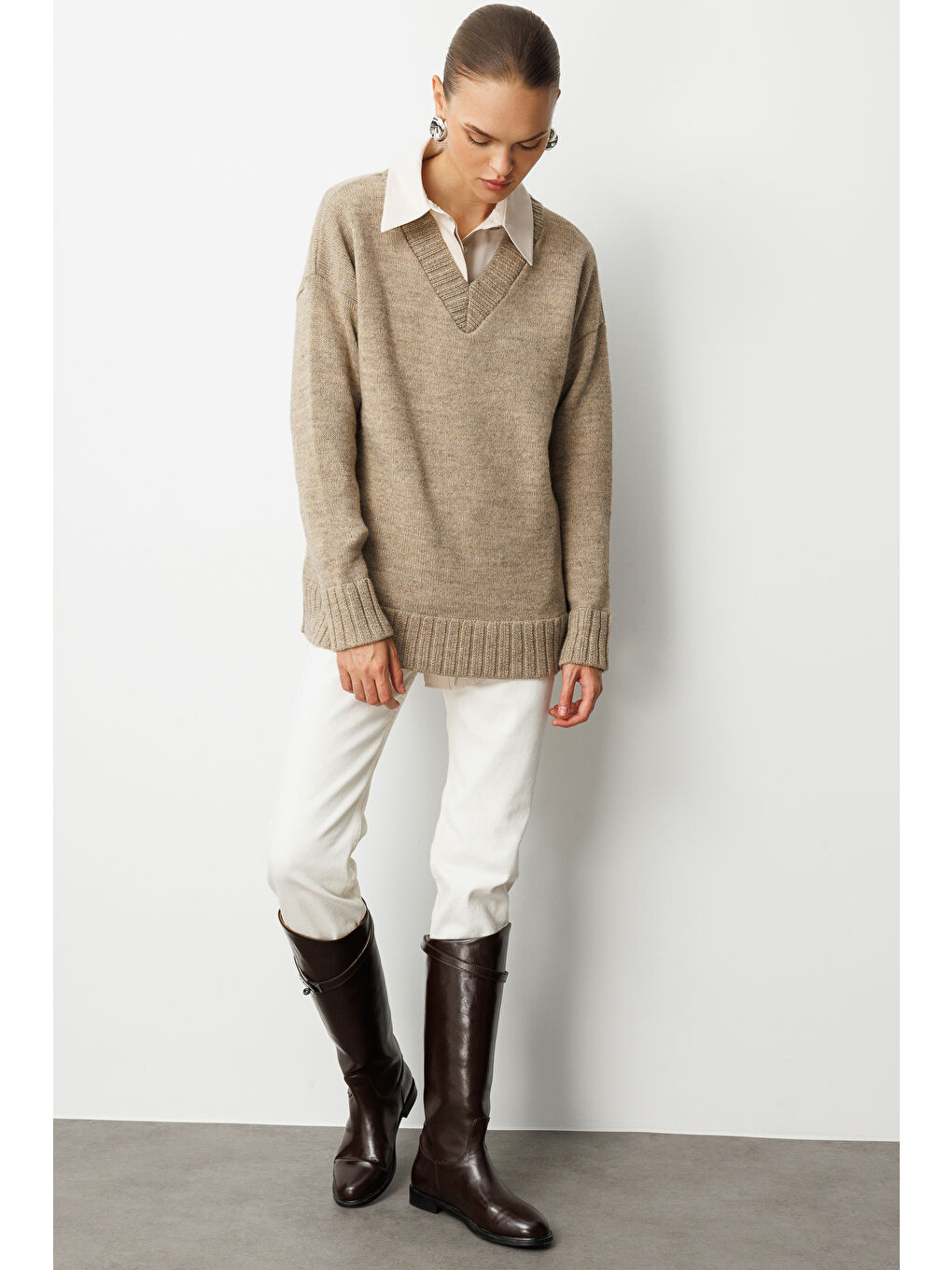 V Yaka Oversize Bej Rengi Triko Kazak-2