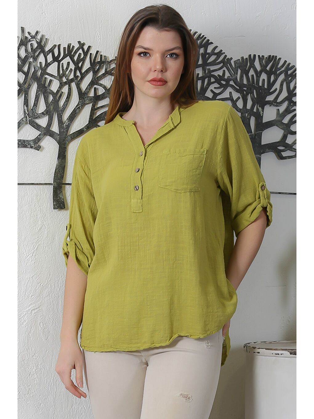 Sarı İtalyan Hardal Rengi Hakim Yaka Düğmeli 3/4 Kol Cepli Casual Arkası Uzun Dokuma Bluz 70 63-1