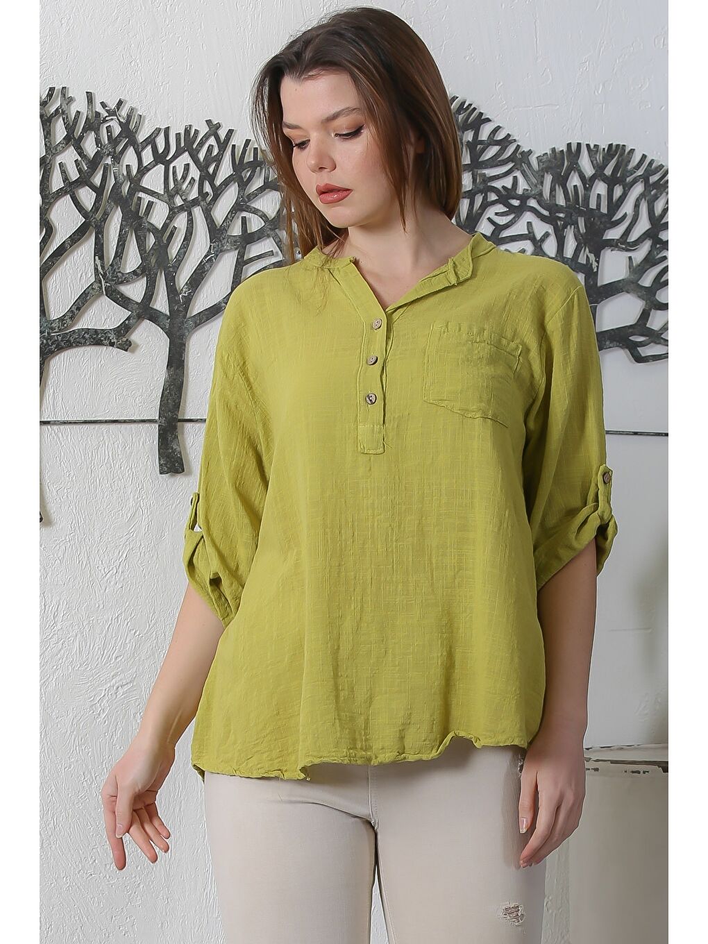 Sarı İtalyan Hardal Rengi Hakim Yaka Düğmeli 3/4 Kol Cepli Casual Arkası Uzun Dokuma Bluz 70 63-2